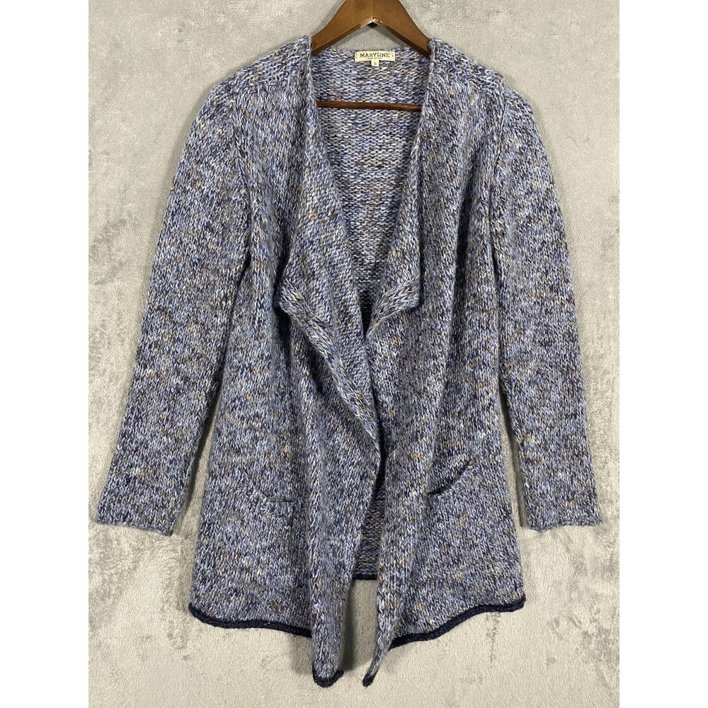 Maryline Cardigan Sweater Womens Sz S Blue Wool Blend Open Front Made Italy Cozy